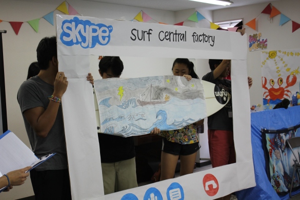 Shota's surfboard being featured in our Thursday skit.